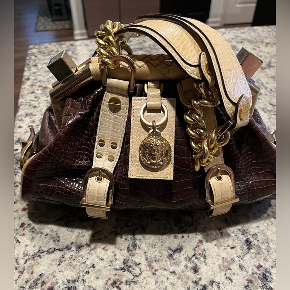 Versace Handbags - Versace Brown and Gold Shoulder Bag with Croc-Embossed Leather
